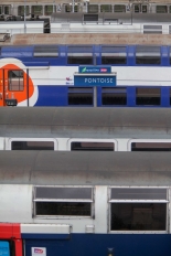 Alignements de trains transilien sur des quais successifs à la gare de Pontoise